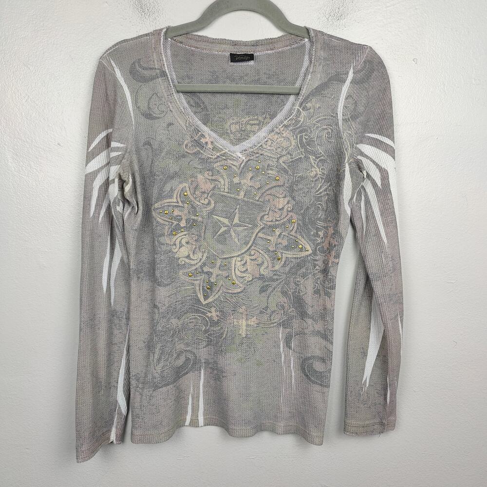 Vintage Y2K Vanity Top Womens Large Gray‎ Distressed Thermal Fleur de Lis Bling